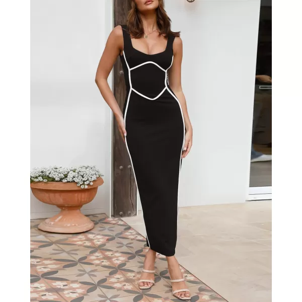 BTFBM Women Maxi Bodycon Dresses Square Neck Sleeveless Contrast Binding Split Cocktail Party Club Tank Long Dress 2024Solid Black