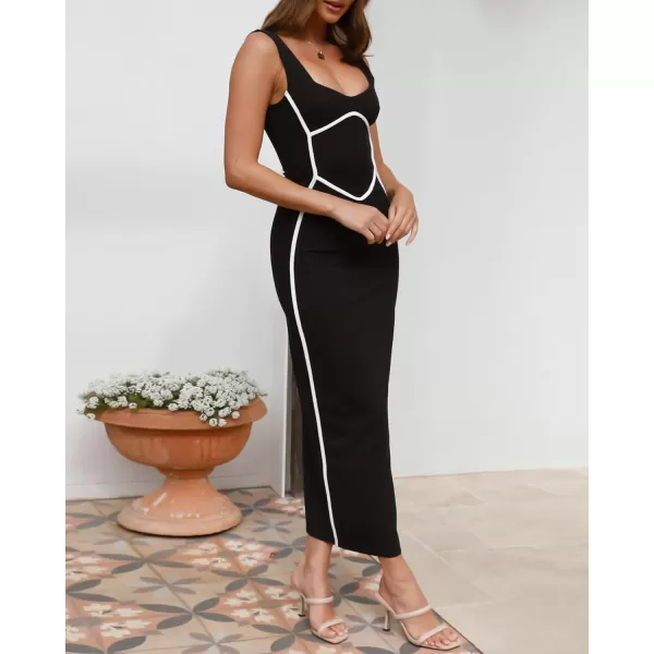 BTFBM Women Maxi Bodycon Dresses Square Neck Sleeveless Contrast Binding Split Cocktail Party Club Tank Long Dress 2024Solid Black