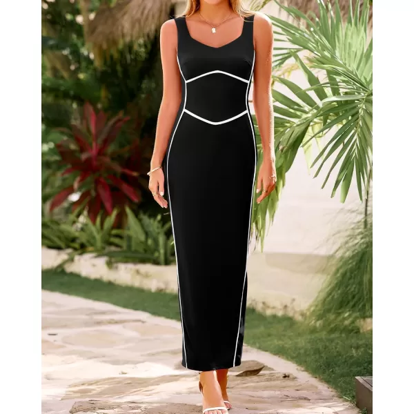 BTFBM Women Maxi Bodycon Dresses Square Neck Sleeveless Contrast Binding Split Cocktail Party Club Tank Long Dress 2024Solid Black