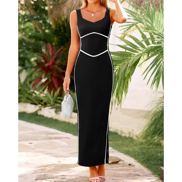 BTFBM Women Maxi Bodycon Dresses Square Neck Sleeveless Contrast Binding Split Cocktail Party Club Tank Long Dress 2024Solid Black