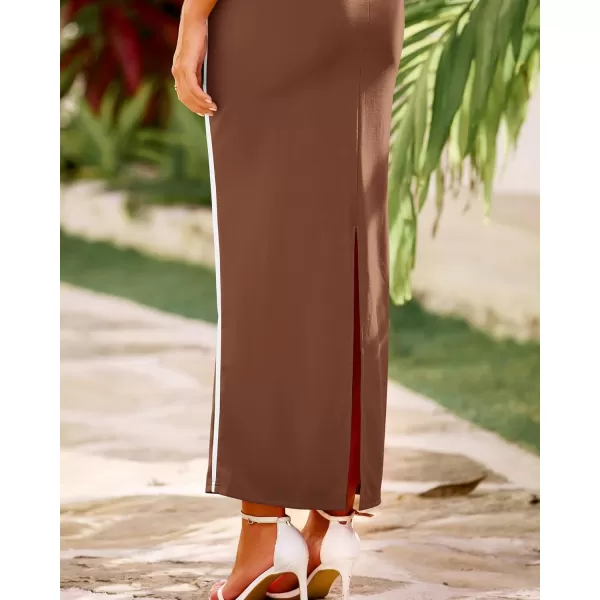 BTFBM Women Maxi Bodycon Dresses Square Neck Sleeveless Contrast Binding Split Cocktail Party Club Tank Long Dress 2024Solid Coffee