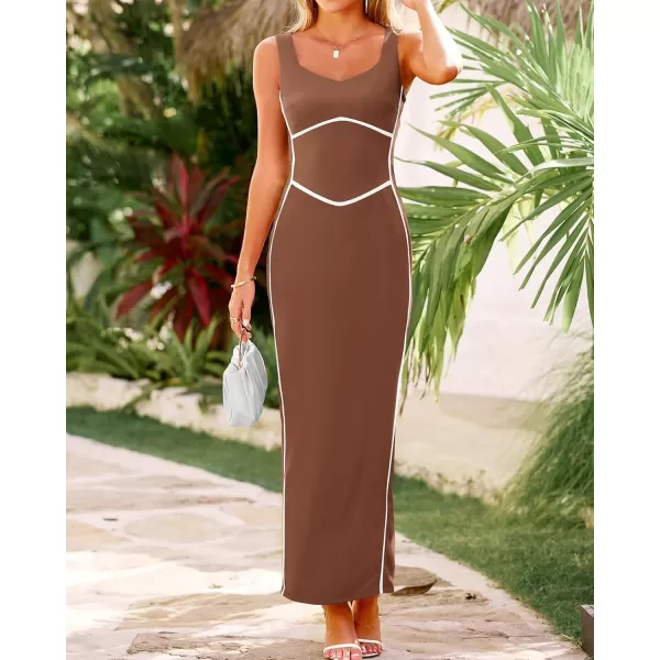 BTFBM Women Maxi Bodycon Dresses Square Neck Sleeveless Contrast Binding Split Cocktail Party Club Tank Long Dress 2024Solid Coffee