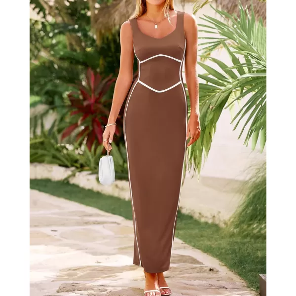 BTFBM Women Maxi Bodycon Dresses Square Neck Sleeveless Contrast Binding Split Cocktail Party Club Tank Long Dress 2024Solid Coffee