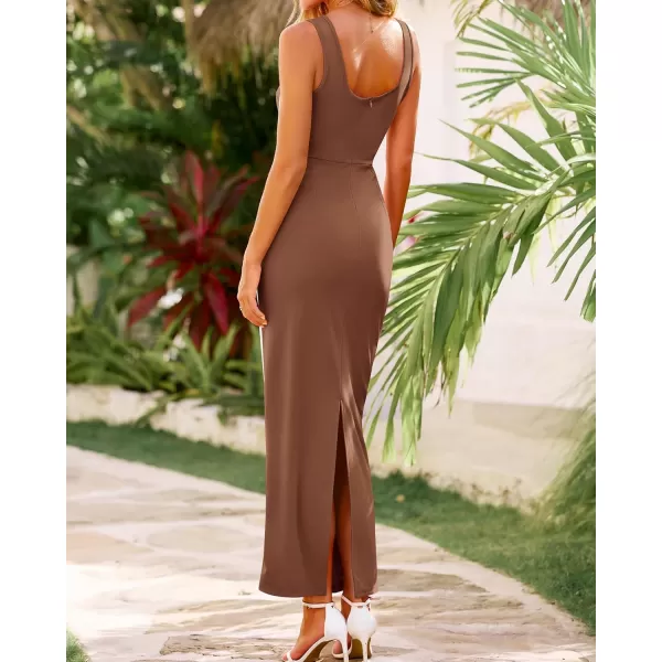 BTFBM Women Maxi Bodycon Dresses Square Neck Sleeveless Contrast Binding Split Cocktail Party Club Tank Long Dress 2024Solid Coffee
