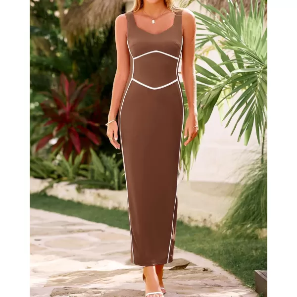 BTFBM Women Maxi Bodycon Dresses Square Neck Sleeveless Contrast Binding Split Cocktail Party Club Tank Long Dress 2024Solid Coffee