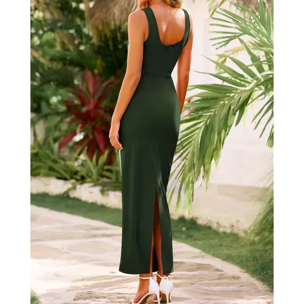 BTFBM Women Maxi Bodycon Dresses Square Neck Sleeveless Contrast Binding Split Cocktail Party Club Tank Long Dress 2024Solid Dark Green