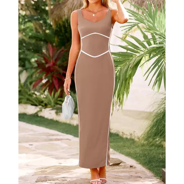 BTFBM Women Maxi Bodycon Dresses Square Neck Sleeveless Contrast Binding Split Cocktail Party Club Tank Long Dress 2024Solid Khaki