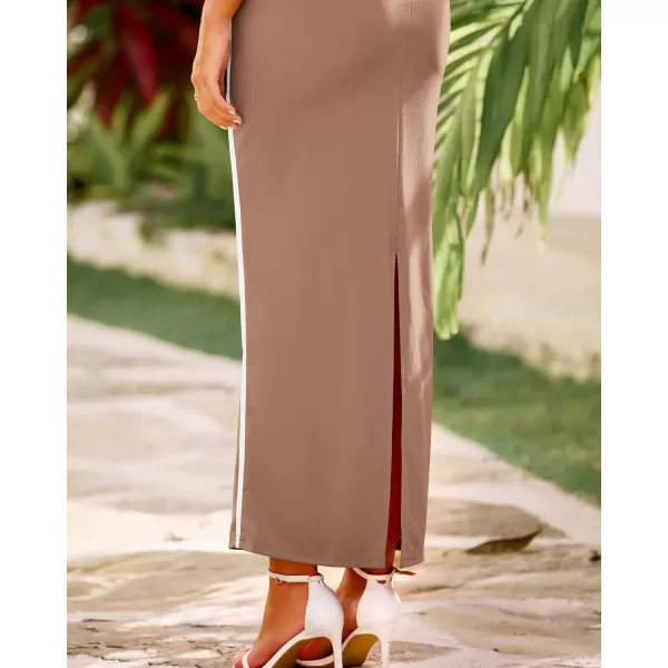 BTFBM Women Maxi Bodycon Dresses Square Neck Sleeveless Contrast Binding Split Cocktail Party Club Tank Long Dress 2024Solid Khaki