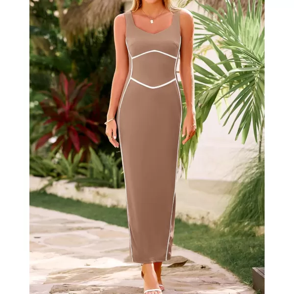 BTFBM Women Maxi Bodycon Dresses Square Neck Sleeveless Contrast Binding Split Cocktail Party Club Tank Long Dress 2024Solid Khaki