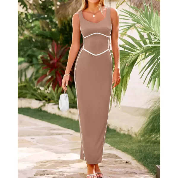 BTFBM Women Maxi Bodycon Dresses Square Neck Sleeveless Contrast Binding Split Cocktail Party Club Tank Long Dress 2024Solid Khaki
