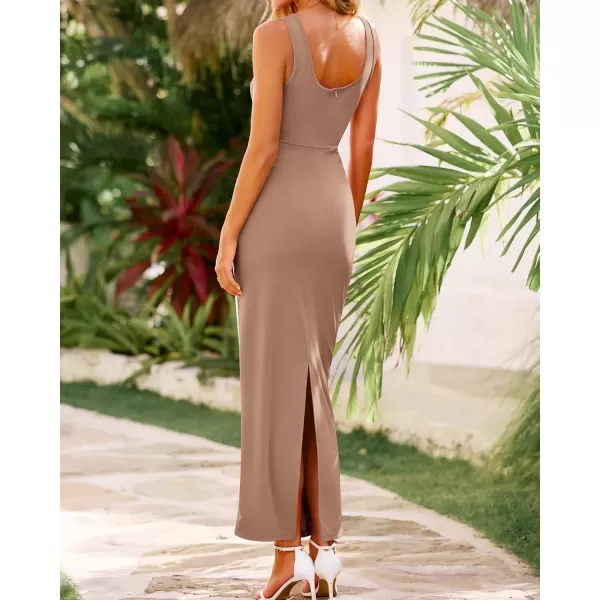 BTFBM Women Maxi Bodycon Dresses Square Neck Sleeveless Contrast Binding Split Cocktail Party Club Tank Long Dress 2024Solid Khaki