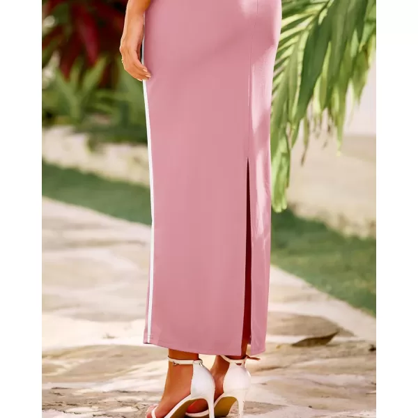 BTFBM Women Maxi Bodycon Dresses Square Neck Sleeveless Contrast Binding Split Cocktail Party Club Tank Long Dress 2024Solid Light Pink