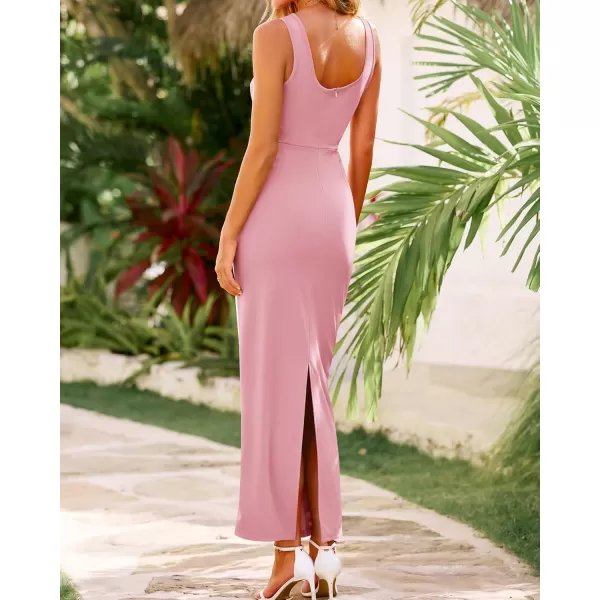 BTFBM Women Maxi Bodycon Dresses Square Neck Sleeveless Contrast Binding Split Cocktail Party Club Tank Long Dress 2024Solid Light Pink