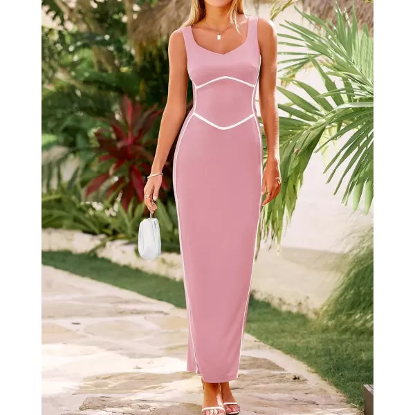 BTFBM Women Maxi Bodycon Dresses Square Neck Sleeveless Contrast Binding Split Cocktail Party Club Tank Long Dress 2024Solid Light Pink