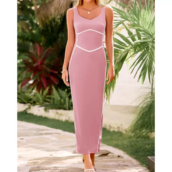 BTFBM Women Maxi Bodycon Dresses Square Neck Sleeveless Contrast Binding Split Cocktail Party Club Tank Long Dress 2024Solid Light Pink