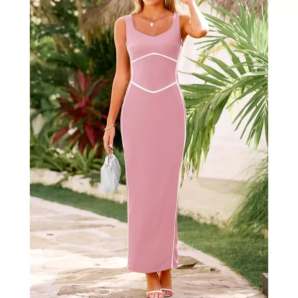 BTFBM Women Maxi Bodycon Dresses Square Neck Sleeveless Contrast Binding Split Cocktail Party Club Tank Long Dress 2024Solid Light Pink