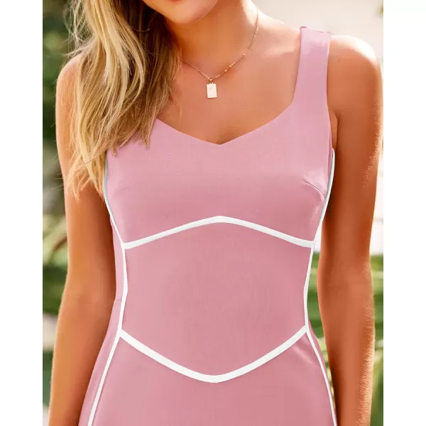 BTFBM Women Maxi Bodycon Dresses Square Neck Sleeveless Contrast Binding Split Cocktail Party Club Tank Long Dress 2024Solid Light Pink