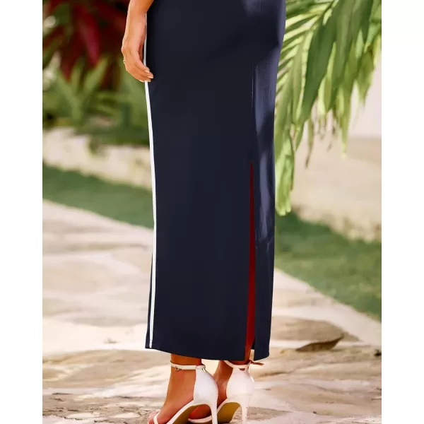 BTFBM Women Maxi Bodycon Dresses Square Neck Sleeveless Contrast Binding Split Cocktail Party Club Tank Long Dress 2024Solid Navy