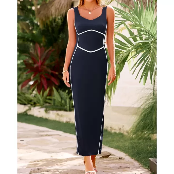 BTFBM Women Maxi Bodycon Dresses Square Neck Sleeveless Contrast Binding Split Cocktail Party Club Tank Long Dress 2024Solid Navy