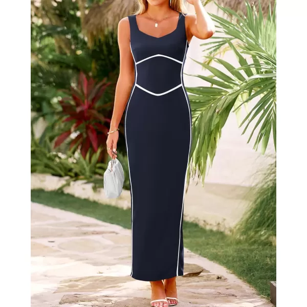 BTFBM Women Maxi Bodycon Dresses Square Neck Sleeveless Contrast Binding Split Cocktail Party Club Tank Long Dress 2024Solid Navy