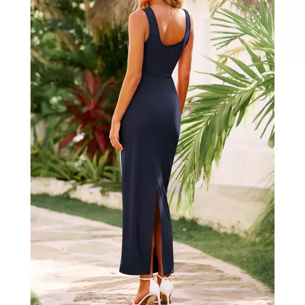 BTFBM Women Maxi Bodycon Dresses Square Neck Sleeveless Contrast Binding Split Cocktail Party Club Tank Long Dress 2024Solid Navy
