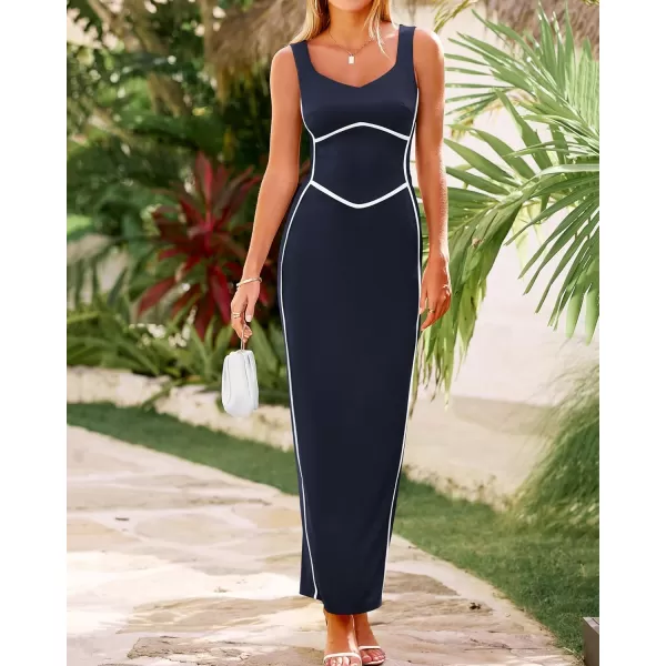 BTFBM Women Maxi Bodycon Dresses Square Neck Sleeveless Contrast Binding Split Cocktail Party Club Tank Long Dress 2024Solid Navy