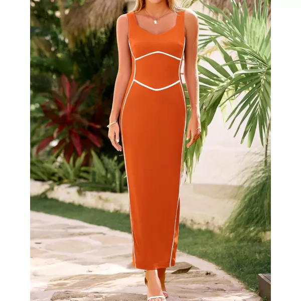 BTFBM Women Maxi Bodycon Dresses Square Neck Sleeveless Contrast Binding Split Cocktail Party Club Tank Long Dress 2024Solid Orange