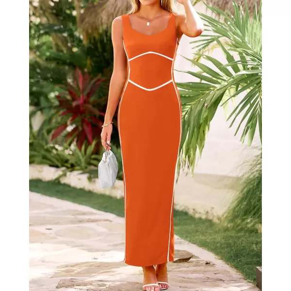 BTFBM Women Maxi Bodycon Dresses Square Neck Sleeveless Contrast Binding Split Cocktail Party Club Tank Long Dress 2024Solid Orange