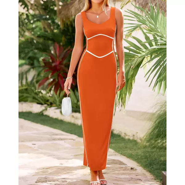 BTFBM Women Maxi Bodycon Dresses Square Neck Sleeveless Contrast Binding Split Cocktail Party Club Tank Long Dress 2024Solid Orange