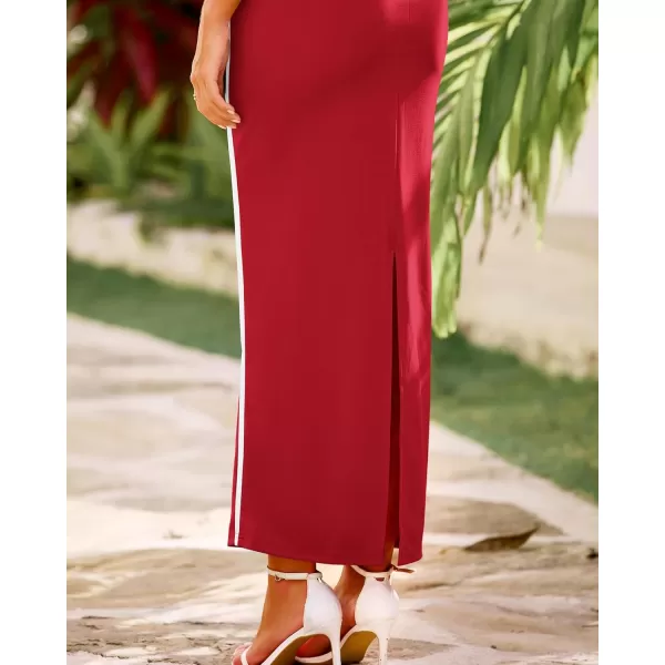 BTFBM Women Maxi Bodycon Dresses Square Neck Sleeveless Contrast Binding Split Cocktail Party Club Tank Long Dress 2024Solid Red