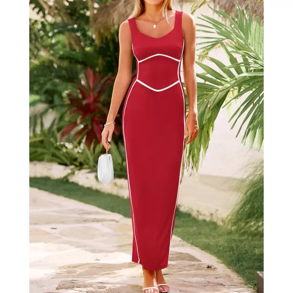 BTFBM Women Maxi Bodycon Dresses Square Neck Sleeveless Contrast Binding Split Cocktail Party Club Tank Long Dress 2024Solid Red