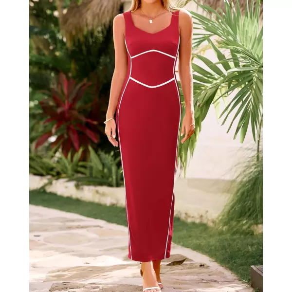 BTFBM Women Maxi Bodycon Dresses Square Neck Sleeveless Contrast Binding Split Cocktail Party Club Tank Long Dress 2024Solid Red
