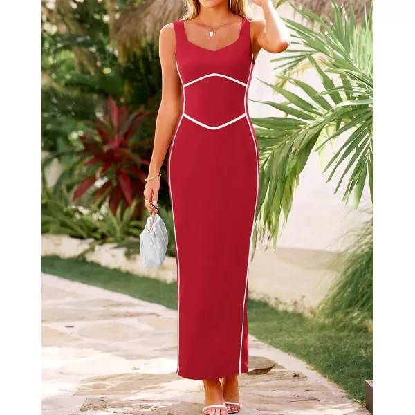 BTFBM Women Maxi Bodycon Dresses Square Neck Sleeveless Contrast Binding Split Cocktail Party Club Tank Long Dress 2024Solid Red