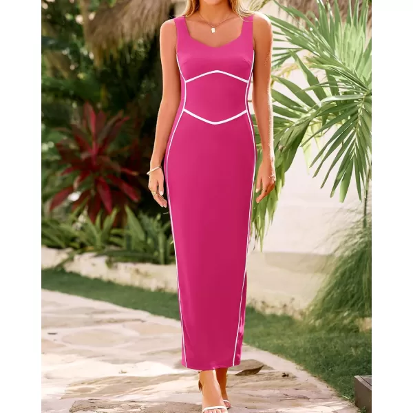BTFBM Women Maxi Bodycon Dresses Square Neck Sleeveless Contrast Binding Split Cocktail Party Club Tank Long Dress 2024Solid Rose Red