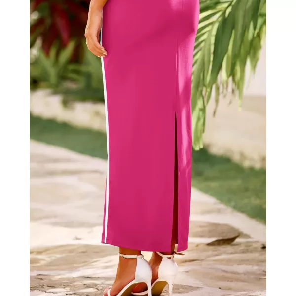 BTFBM Women Maxi Bodycon Dresses Square Neck Sleeveless Contrast Binding Split Cocktail Party Club Tank Long Dress 2024Solid Rose Red