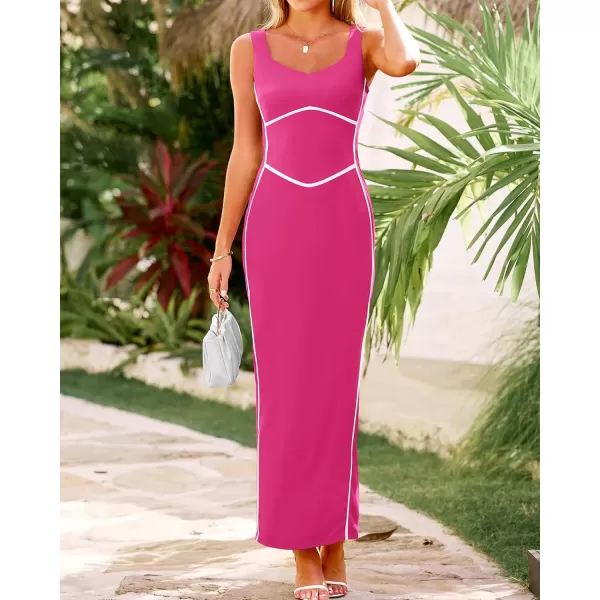 BTFBM Women Maxi Bodycon Dresses Square Neck Sleeveless Contrast Binding Split Cocktail Party Club Tank Long Dress 2024Solid Rose Red