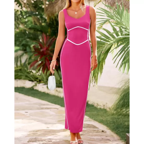 BTFBM Women Maxi Bodycon Dresses Square Neck Sleeveless Contrast Binding Split Cocktail Party Club Tank Long Dress 2024Solid Rose Red