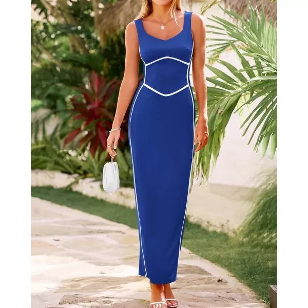 BTFBM Women Maxi Bodycon Dresses Square Neck Sleeveless Contrast Binding Split Cocktail Party Club Tank Long Dress 2024Solid Royal Blue