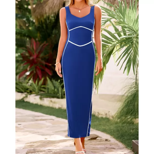 BTFBM Women Maxi Bodycon Dresses Square Neck Sleeveless Contrast Binding Split Cocktail Party Club Tank Long Dress 2024Solid Royal Blue