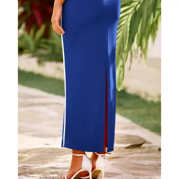 BTFBM Women Maxi Bodycon Dresses Square Neck Sleeveless Contrast Binding Split Cocktail Party Club Tank Long Dress 2024Solid Royal Blue