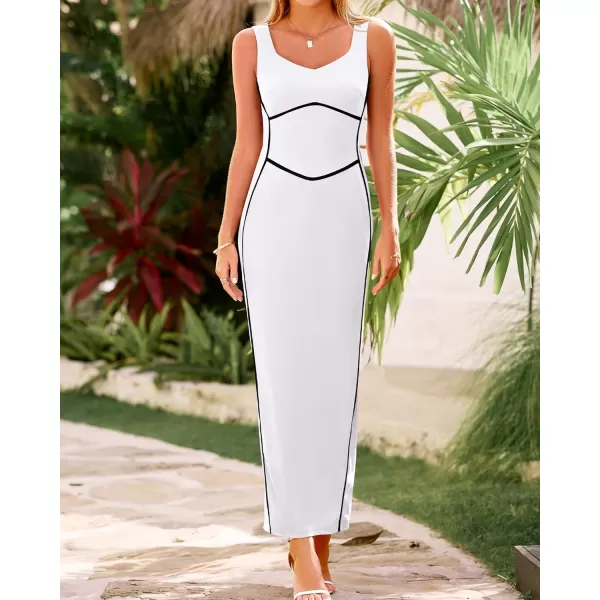 BTFBM Women Maxi Bodycon Dresses Square Neck Sleeveless Contrast Binding Split Cocktail Party Club Tank Long Dress 2024Solid White