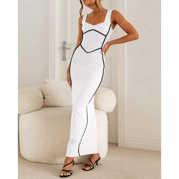 BTFBM Women Maxi Bodycon Dresses Square Neck Sleeveless Contrast Binding Split Cocktail Party Club Tank Long Dress 2024Solid White