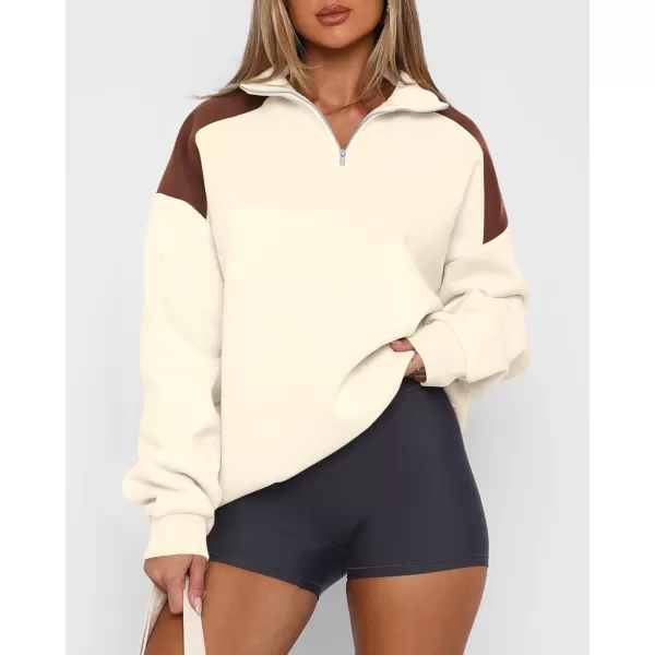 BTFBM Women Oversized Sweatshirt 2024 Fall Winter 14 Zip Long Sleeve Activewear Color Block Casual Y2k Pullover TopsBeige
