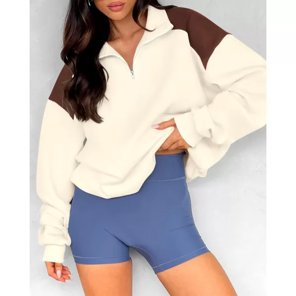 BTFBM Women Oversized Sweatshirt 2024 Fall Winter 14 Zip Long Sleeve Activewear Color Block Casual Y2k Pullover TopsBeige