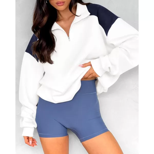 BTFBM Women Oversized Sweatshirt 2024 Fall Winter 14 Zip Long Sleeve Activewear Color Block Casual Y2k Pullover TopsBeige White