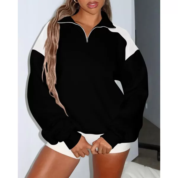 BTFBM Women Oversized Sweatshirt 2024 Fall Winter 14 Zip Long Sleeve Activewear Color Block Casual Y2k Pullover TopsBlack
