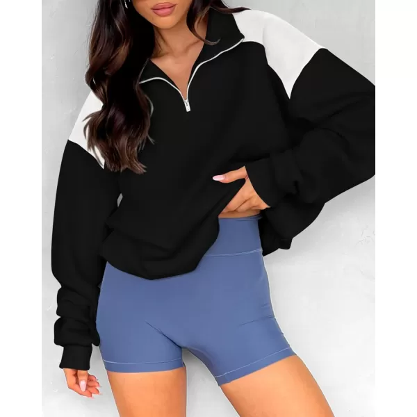 BTFBM Women Oversized Sweatshirt 2024 Fall Winter 14 Zip Long Sleeve Activewear Color Block Casual Y2k Pullover TopsBlack