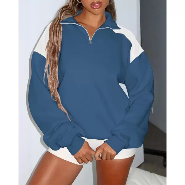 BTFBM Women Oversized Sweatshirt 2024 Fall Winter 14 Zip Long Sleeve Activewear Color Block Casual Y2k Pullover TopsDark Blue