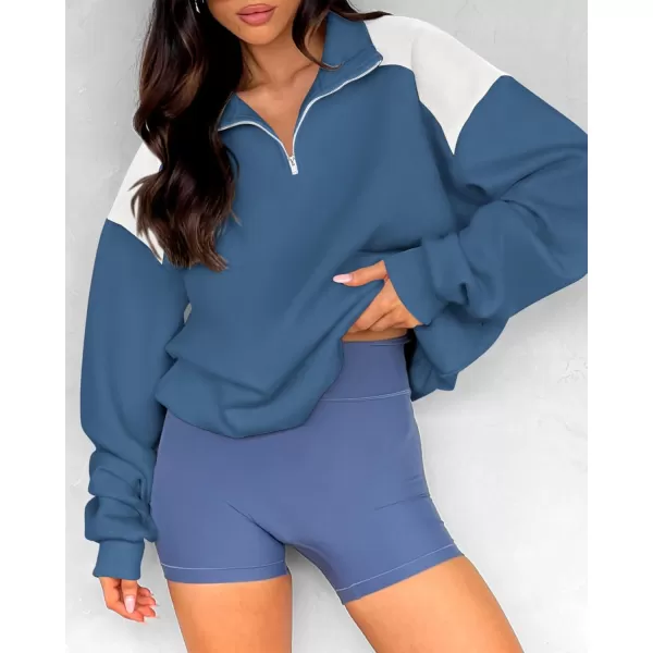 BTFBM Women Oversized Sweatshirt 2024 Fall Winter 14 Zip Long Sleeve Activewear Color Block Casual Y2k Pullover TopsDark Blue