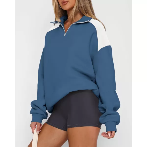 BTFBM Women Oversized Sweatshirt 2024 Fall Winter 14 Zip Long Sleeve Activewear Color Block Casual Y2k Pullover TopsDark Blue